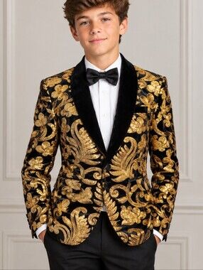 Tuxedo Blazer Boys Sz 14 BL. Velvet W/Gold Sequins Prom Wedding Event
